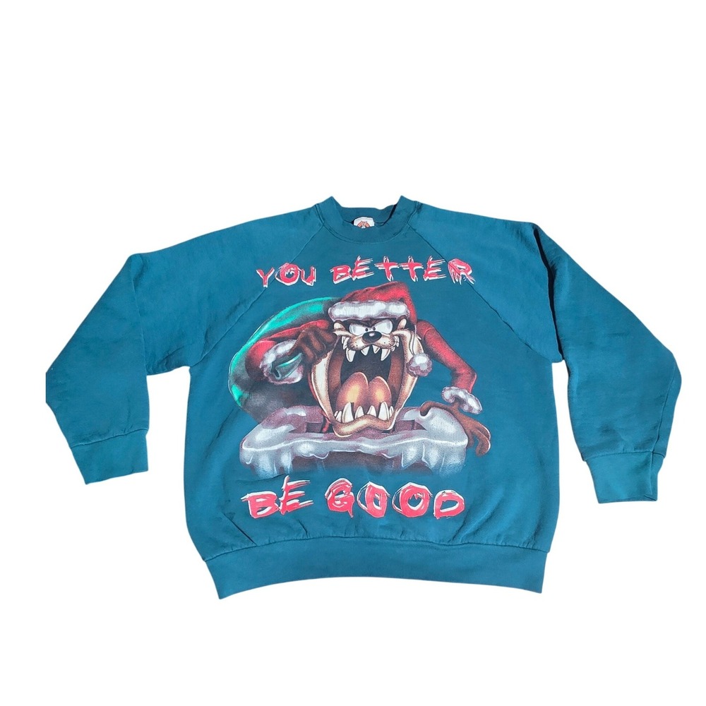 Vintage 1997 Looney Tunes Tasmanian Devil Christmas Sweatshirt Teal Womens L USA